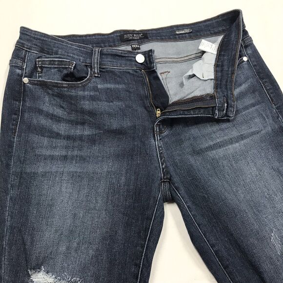 JUDY BLUE Skinny Jeans Women 34x28 Slim Fit Dark Wash Blue Distressed Fray Cuff - Picture 4 of 16